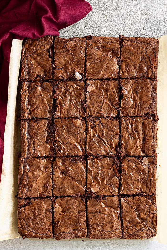 Overhead view of brownies all cut into squares ready to be eaten! 