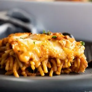 Close up of million dollar spaghetti on a plate.