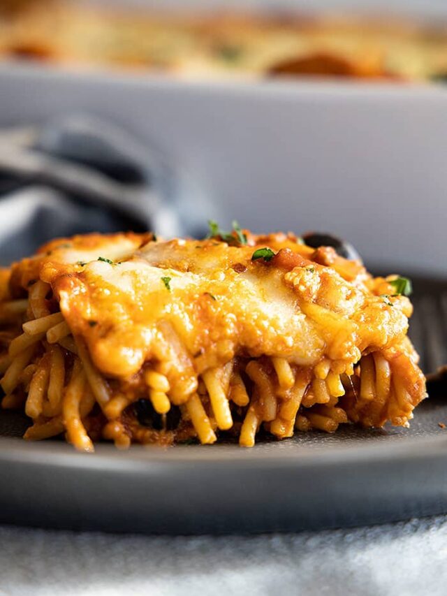 Close up of million dollar spaghetti on a plate.