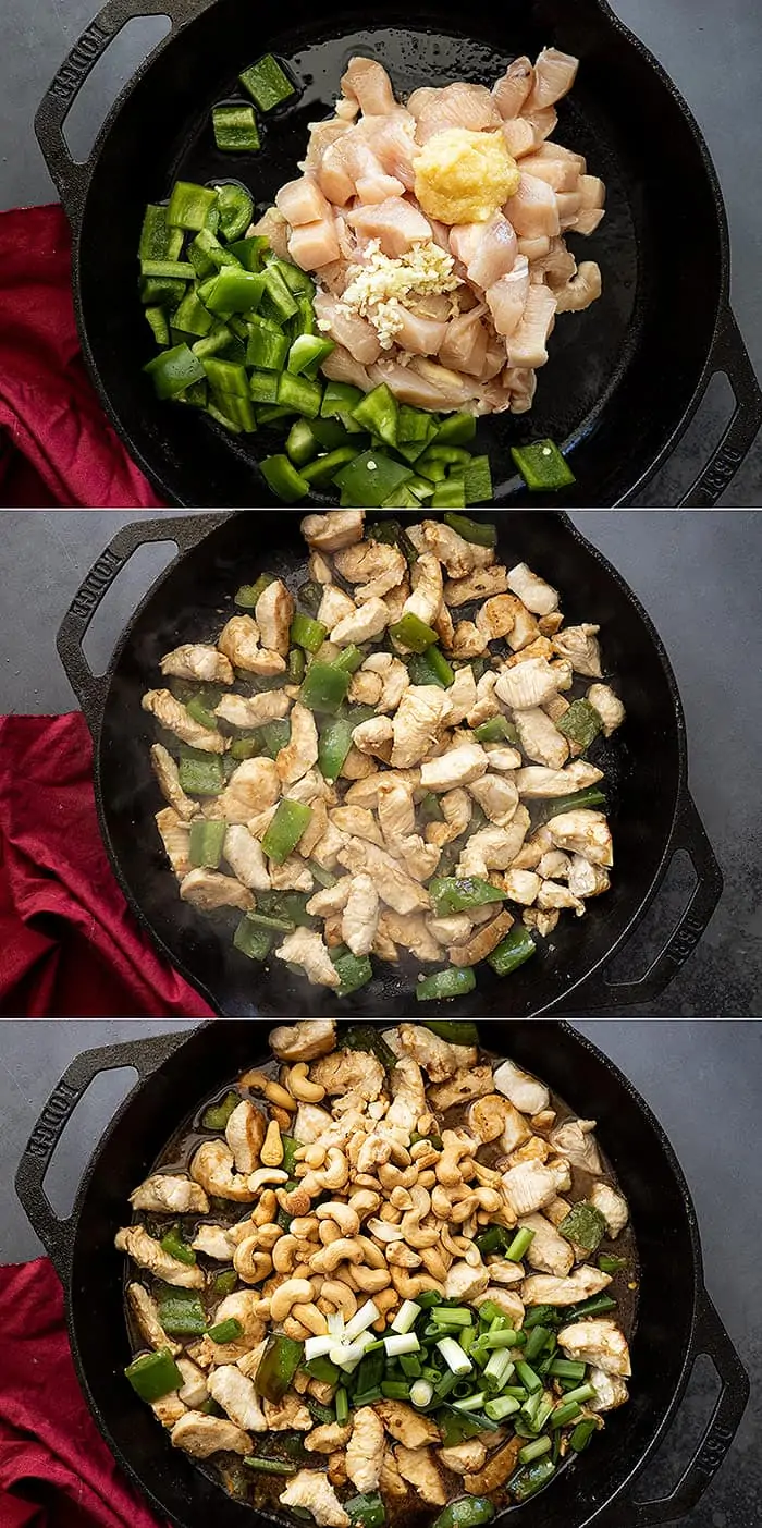 Three photos showing how to make cashew chicken.