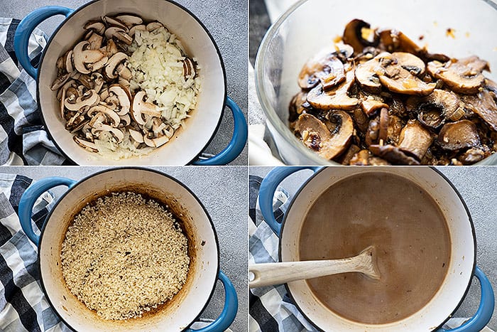 Four pictures showing how to cook the vegetables and toast the rice. 