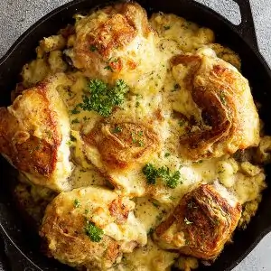 Overhead view of casserole in a cast iron pan fresh from the oven. Garnished with parsley.