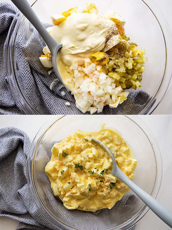 Two pictures showing how to make egg salad. 