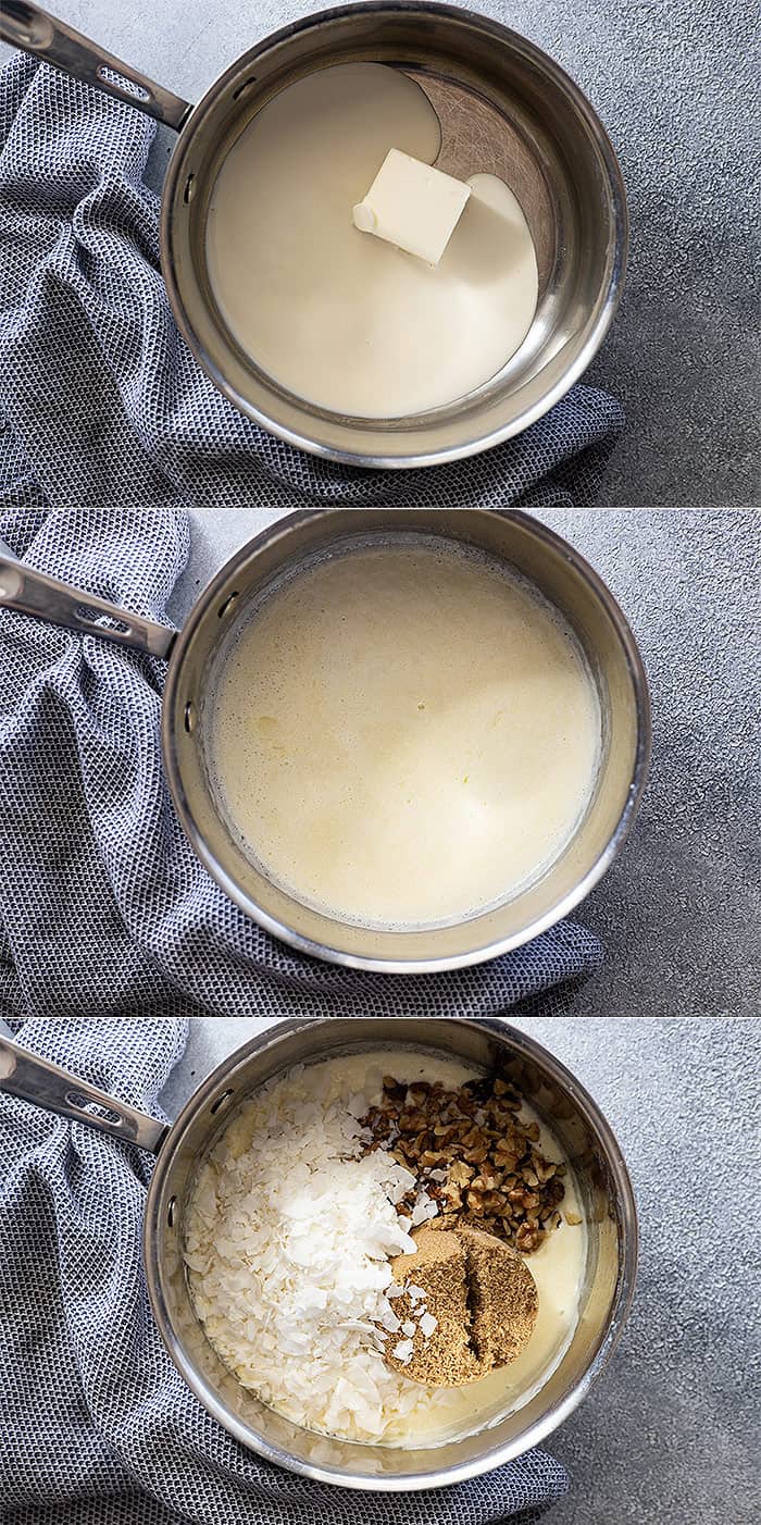 Three pictures showing how to make the frosting. 