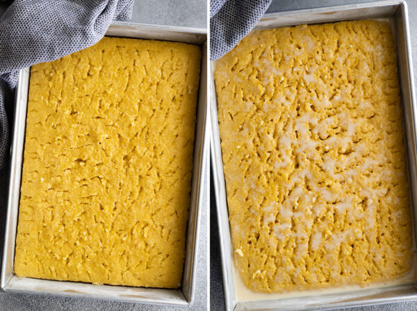 Two pictures showing the cake poked with holes and the milk drizzled over it.