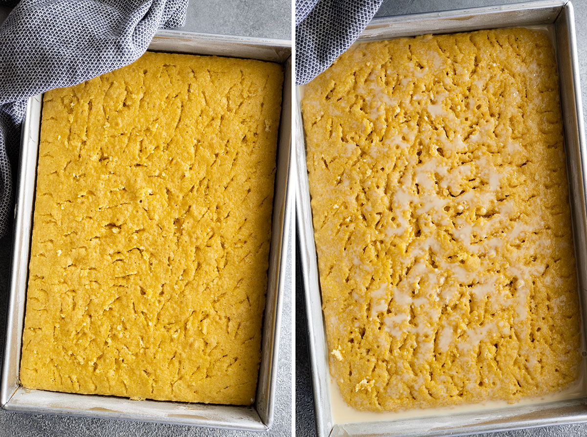 Two pictures showing the cake poked with holes and the milk drizzled over it.