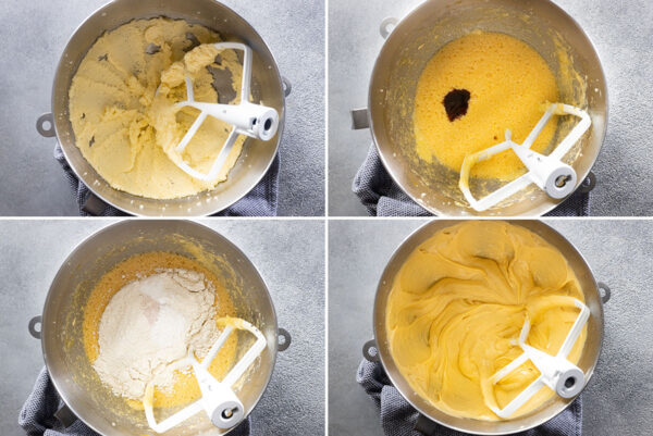 Four pictures showing how to mix up the cake batter.