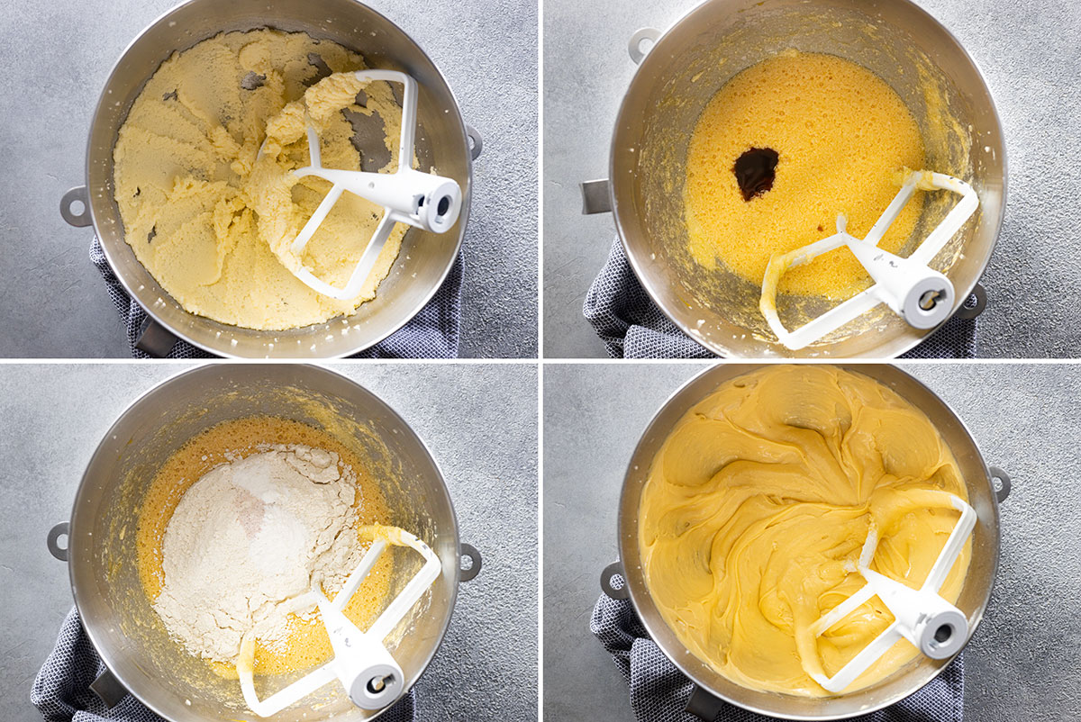 Four pictures showing how to mix up the cake batter.