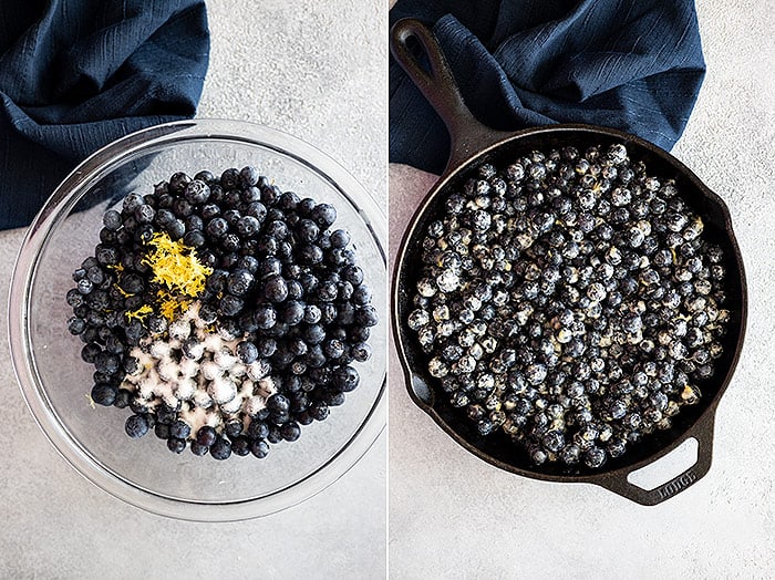 Two pictures showing how to prepare the blueberries. 