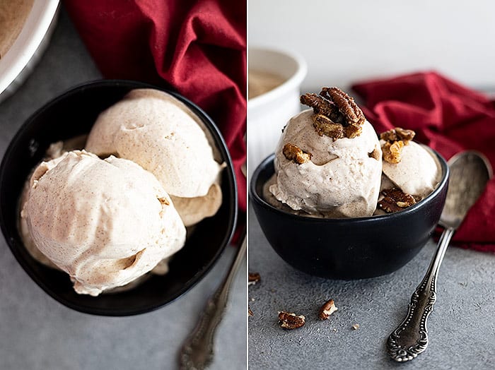 Two pictures of ice cream in a bowl. One garnished with candied pecans. 
