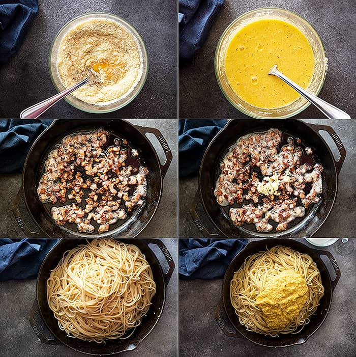 Six pictures showing the steps to make spaghetti carbonara.