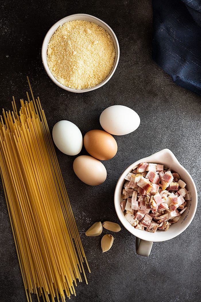 Overhead view of ingredients needed to make spaghetti carbonara. 