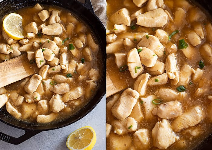 Two pictures one showing the lemon chicken in a pan with a lemon slice in it and the other is a close up to see the yummy sauce.