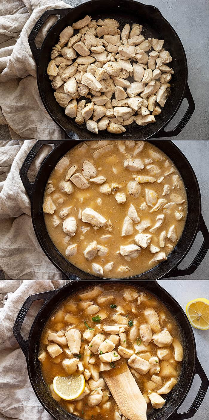 Three pictures showing how to make this fast and easy lemon chicken dish. 