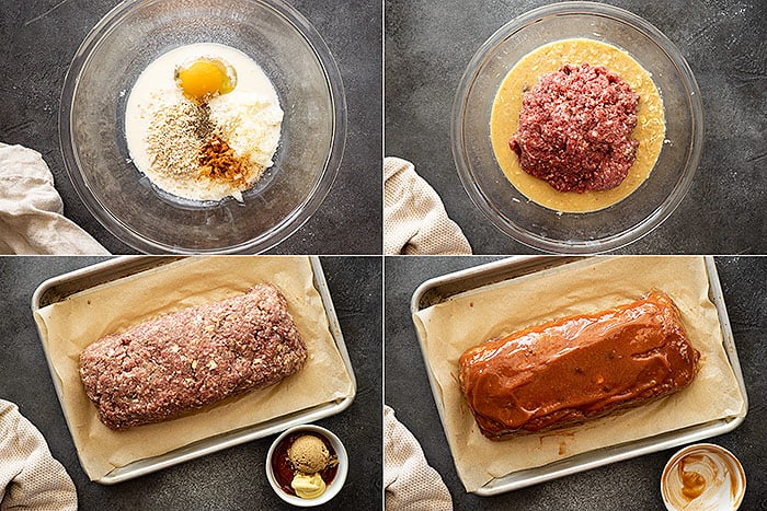 Four pictures showing the steps to making the meatloaf. 