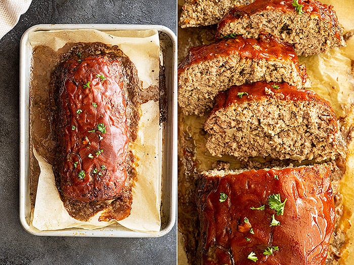 Two overhead pictures showing the whole meatloaf fresh from the oven and the second picture showing slices sprinkled with parsley.
