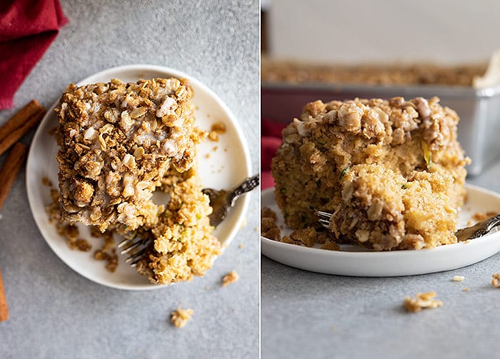Two photos: One showing an overhead idea of a fraction of cake with a chew taken out and the 2nd a straight on idea showing the restful crumb.   Zucchini Coffee Cake zucchini coffee cake image