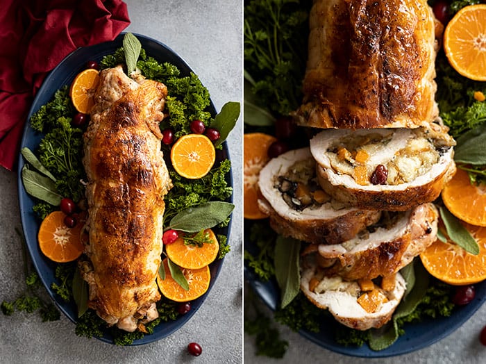 Two pictures showing the finished turkey roll. One picture is showing the slices on a plate garnished with fresh herbs and cranberries. 
