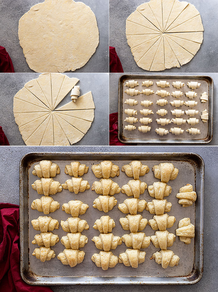 Five pictures showing how to shape the rolls and what they should look like coming out of the oven.