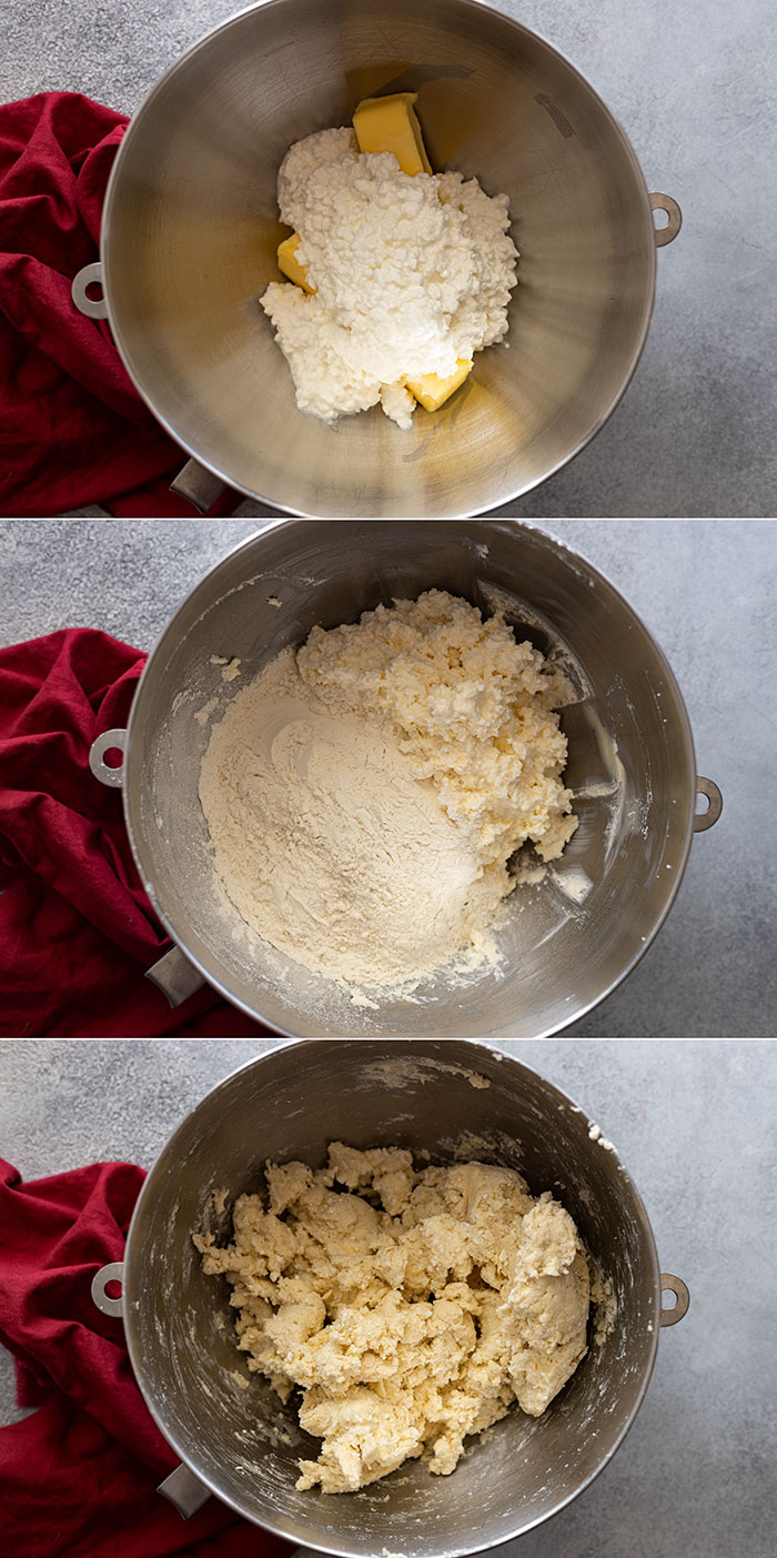 Three pictures showing how to mix up the dough for cottage cheese crescent rolls.