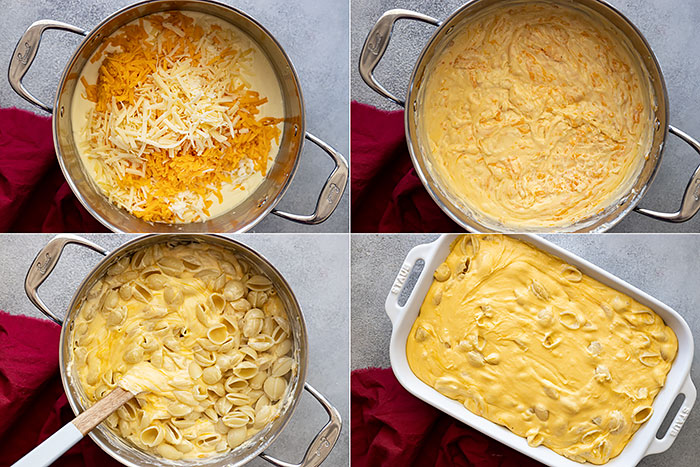 Four pictures showing how to make the mac and cheese.