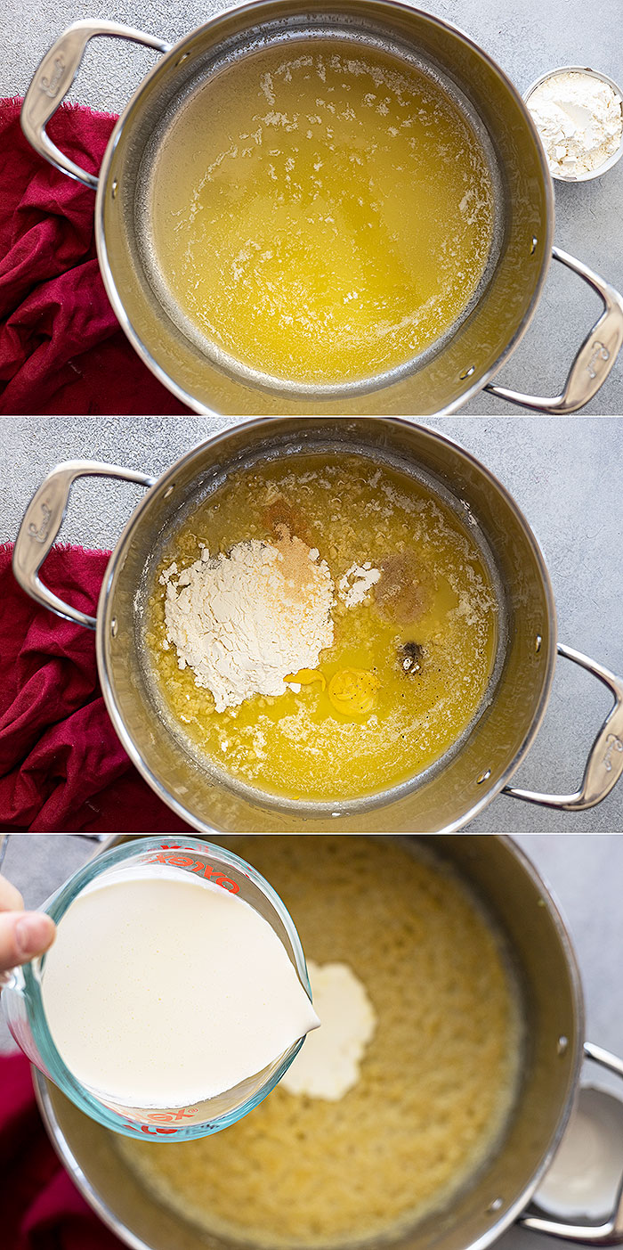 Three pictures showing how to make a roux.