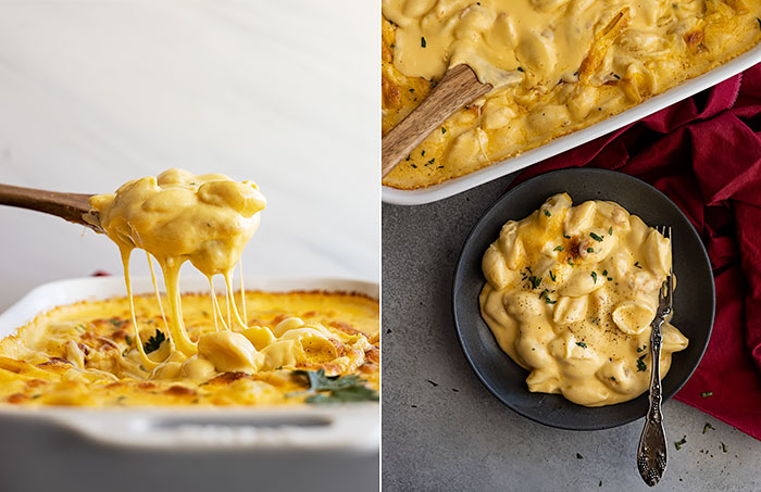 Two pictures: One showing a spoon pulling up a big serving of mac and cheese with the cheese pulling behind. The second picture is an overhead view showing the mac and cheese on a plate. 