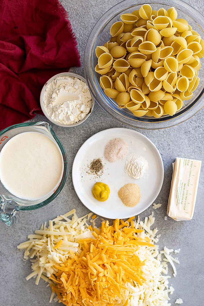 Overhead view of all ingredients needed to make mac and cheese.