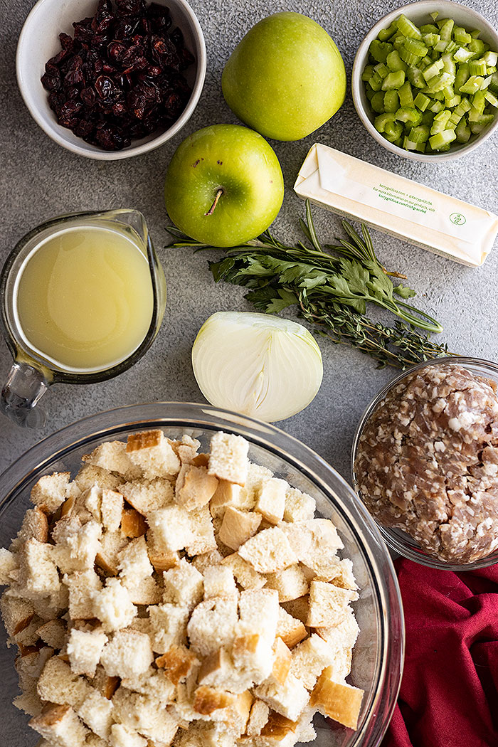Overhead view of all the ingredients to make this stuffing recipe.