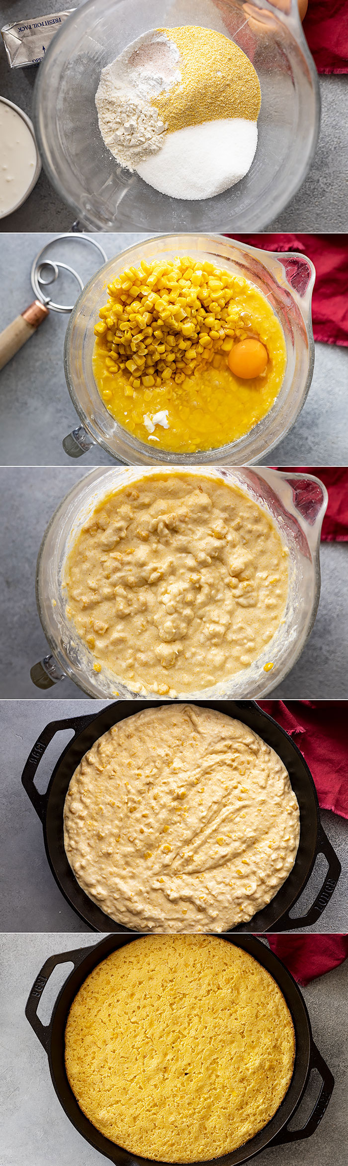 Five pictures showing how to make corn casserole.