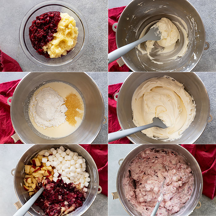 Six pictures showing the steps to make the fluff salad. 