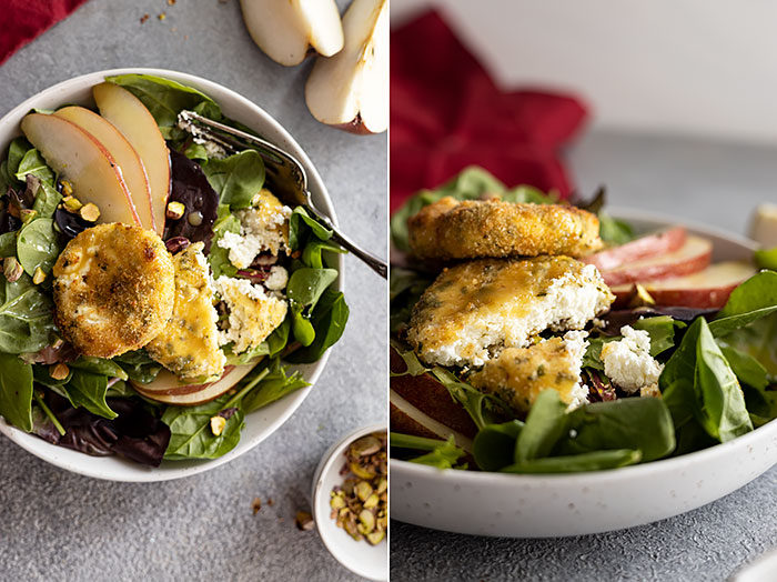 Two pictures showing the salad with a cut open medallion of goat cheese. 
