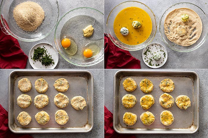 Four pictures showing how to make the goat cheese medallions. 