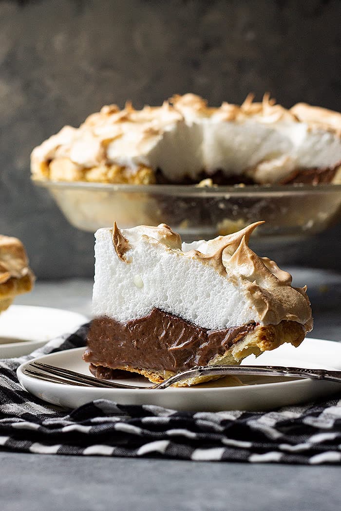 Chocolate meringue pie full of pretty meringue swirls. 