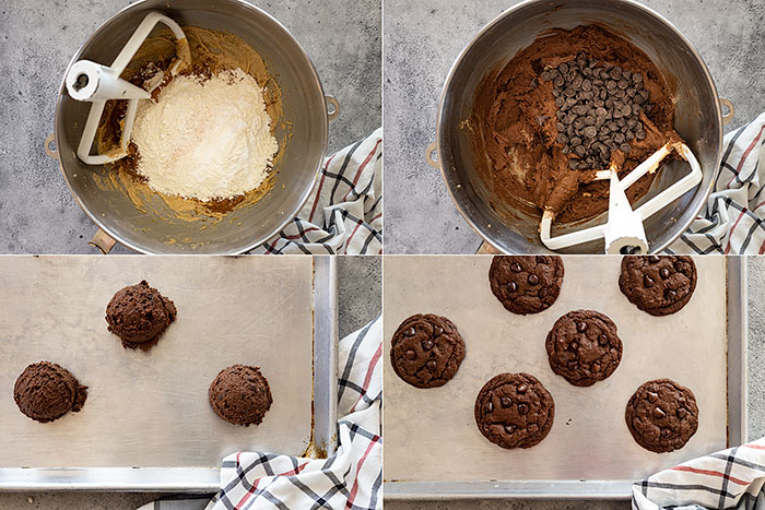 Four pictures showing adding the dry ingredients and chocolate chips to the dough then scoops of dough on a cookie sheet and last cookies fresh from the oven.