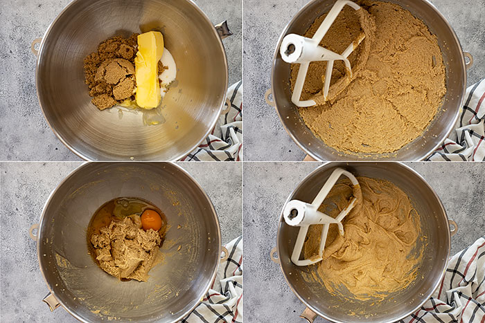Four pictures showing how to cream the butter and sugars then adding the egg and vanilla. 