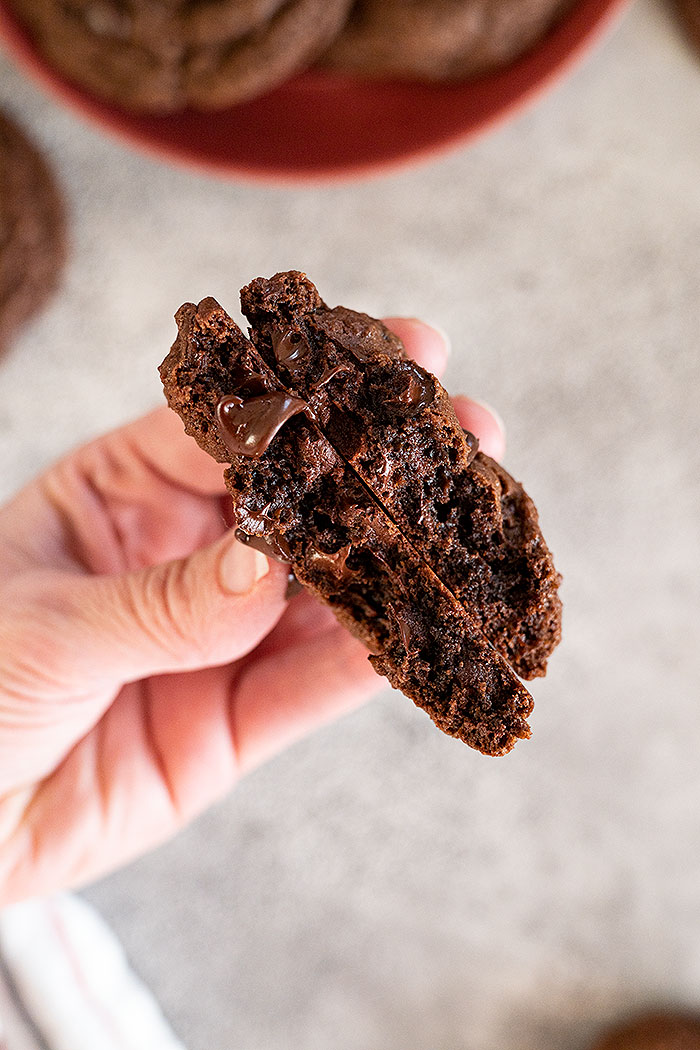 A hand holding a cookie broke in half showing the rich fudgy center. 