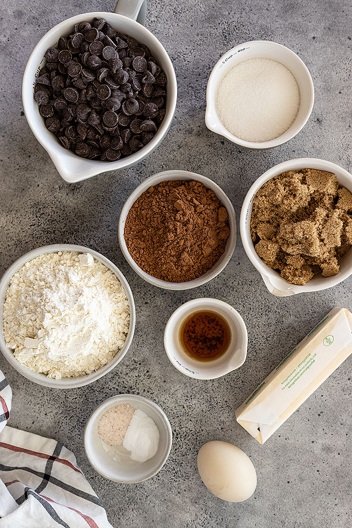 Overhead view of ingredients needed to make these double chocolate chip cookies.