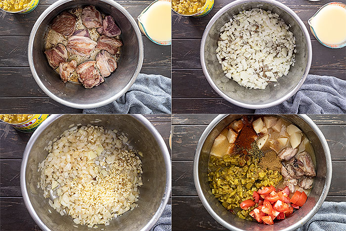 Four pictures showing the steps to preparing the stew.