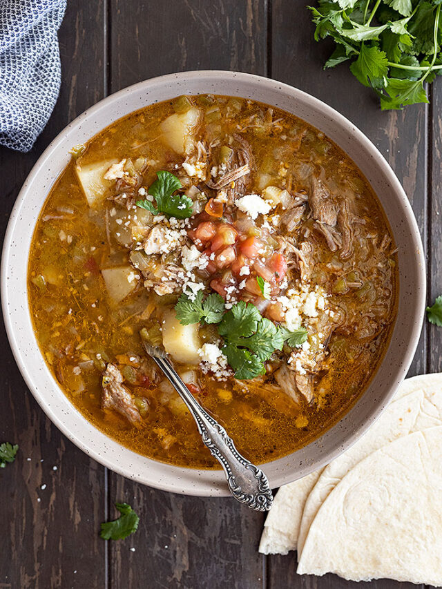 Overhead view of stew in a bowl garnished with cilantro, pico de gallo, and cheese.