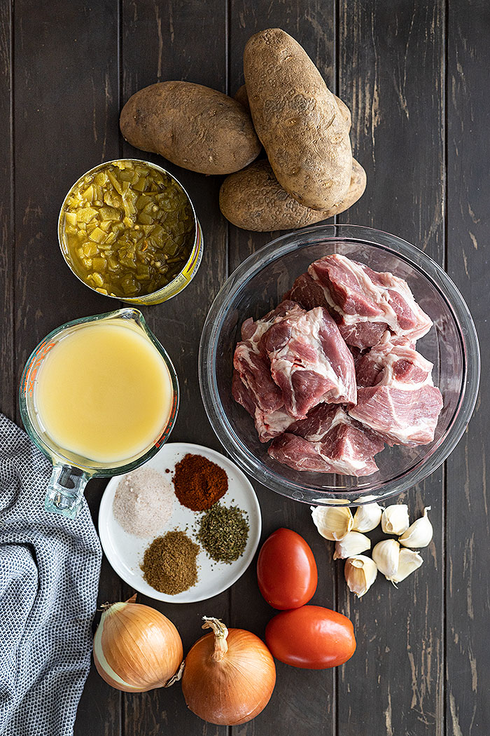 Overhead view of all the ingredients needed to make this hearty stew. 