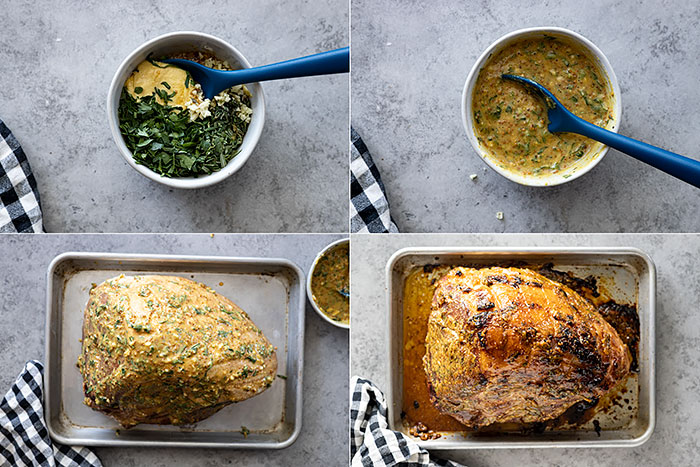 Four pictures showing how to coat the ham with the mustard sauce. 