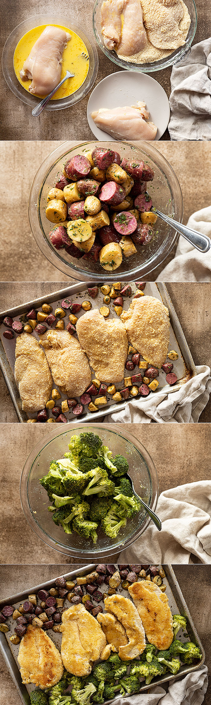 Five pictures showing how to make this chicken sheet pan dinner.