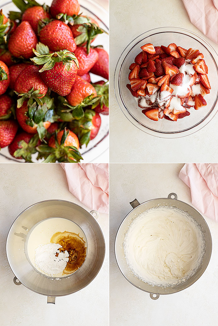 Four pictures showing the strawberry filling and whipped cream filling.