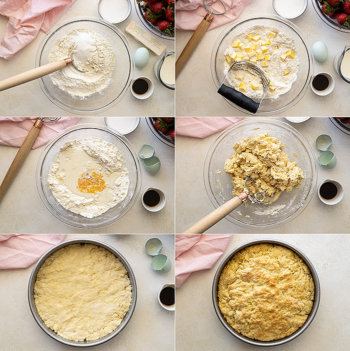 Six pictures showing how to make the biscuit cake.