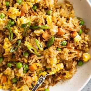 Close up of fried rice with a fork in the rice.