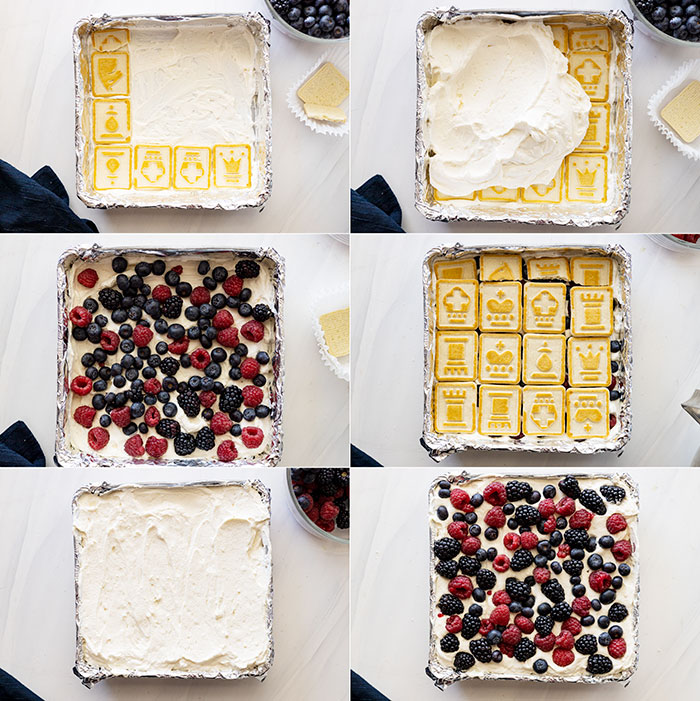 Six pictures showing the steps to layering this dessert.
