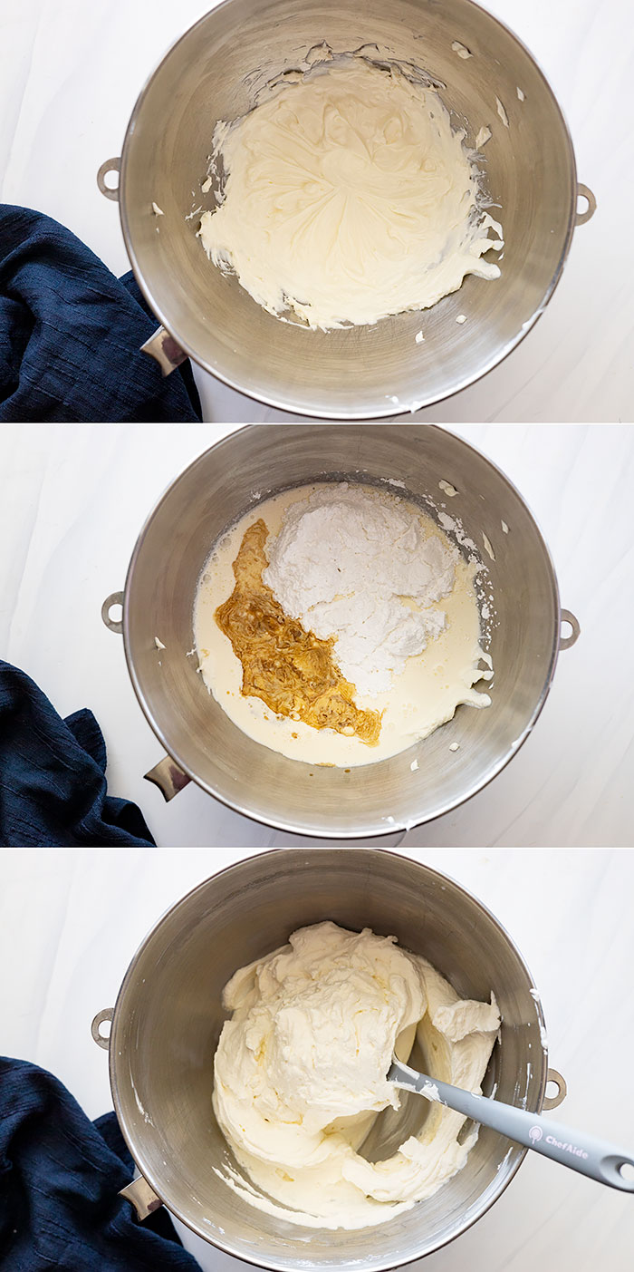 Three pictures showing how to make the cheesecake filling.