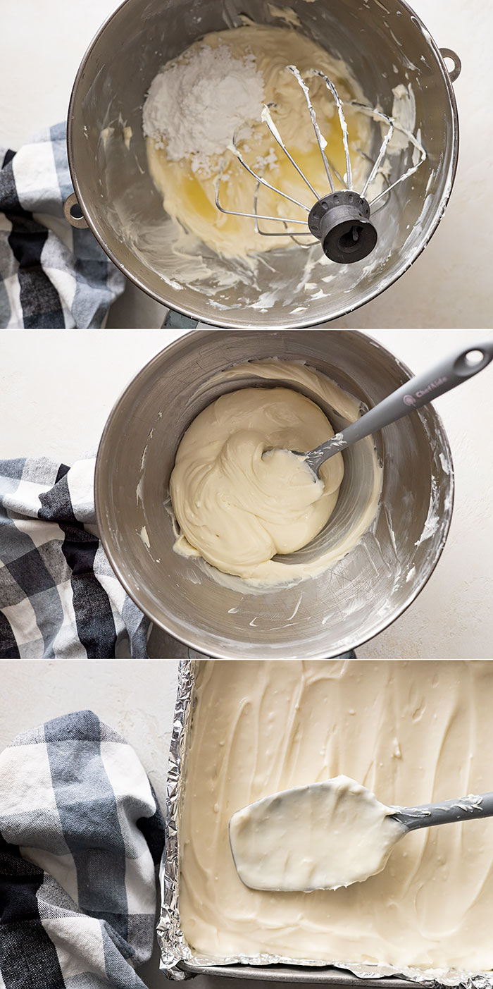 Three pictures showing how to make the cream cheese layer.