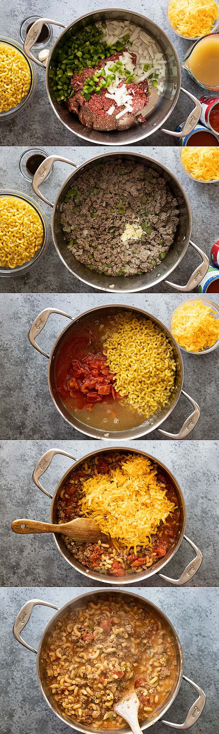 Five pictures showing the steps in making goulash. Browning the meat and veggies, adding the rest (except the cheese) and cooking until the pasta is tender. 